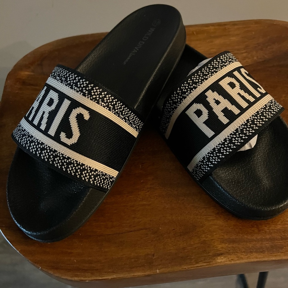 Blue Paris Slide Sandals with Cream Accent
